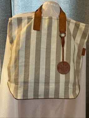 Striped Canvas Tote with Brown Leather Trim